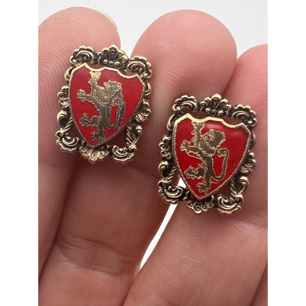 Vintage Crest Earrings Heraldic Lion Rampant Shield Red Enamel Gold Tone
